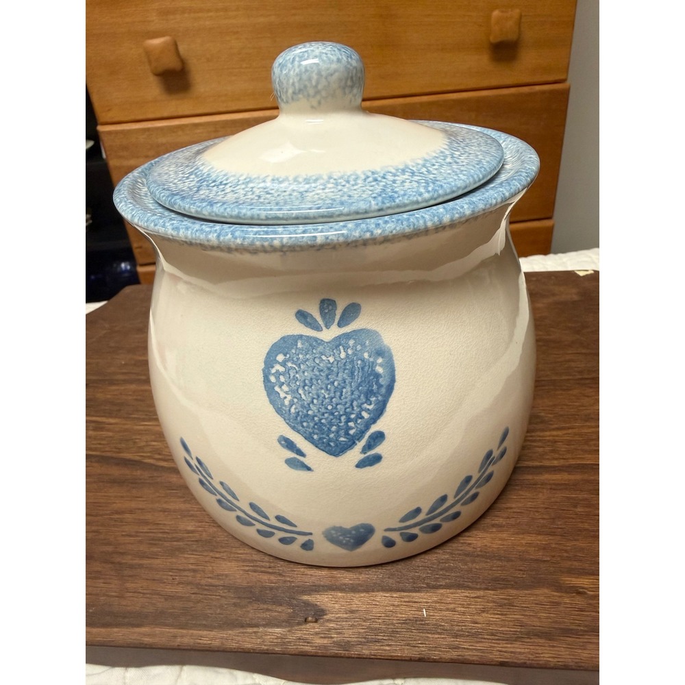 Vintage 1996 ABCo Blue Heart Sponge Painted Ceramic Canister Lidded Cookie Jar